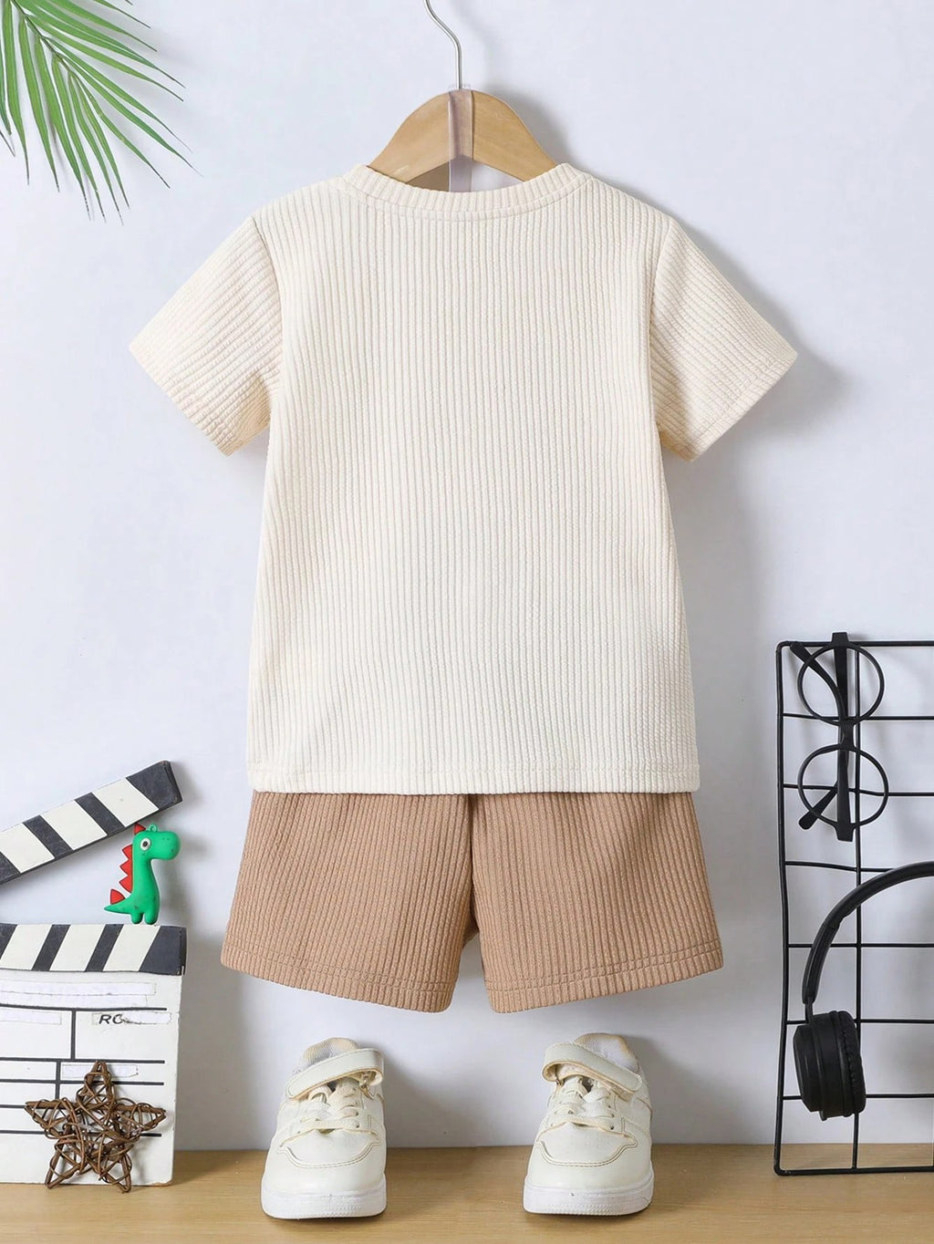 Boys White Cotton T-shirt & Cream Shorts Set