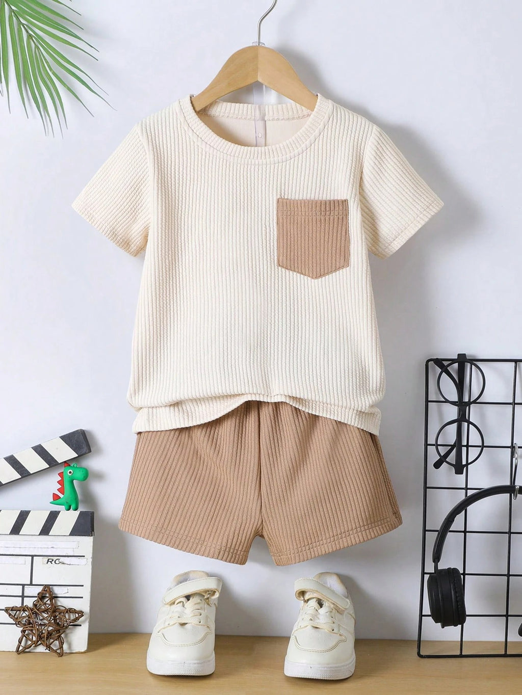 Boys White Cotton T-shirt & Cream Shorts Set