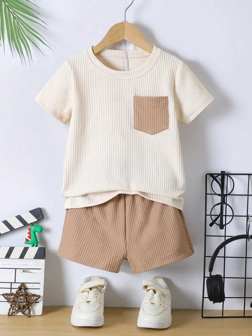 Boys White Hosiery Cotton T-shirt & Cream Shorts Set
