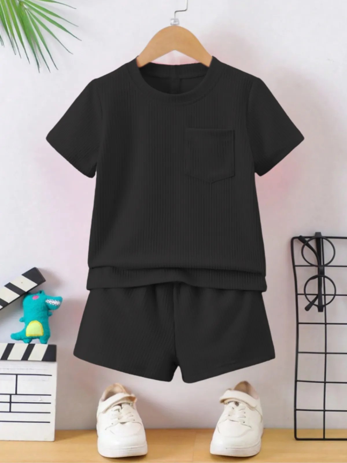 Boys Black Hosiery Cotton T-shirt & Shorts Set
