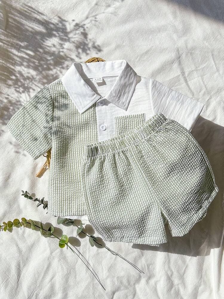 Boys Sage Green Seersucker Shirt & Shorts Co-Ord Set | Half Sleeve Summer Outfit