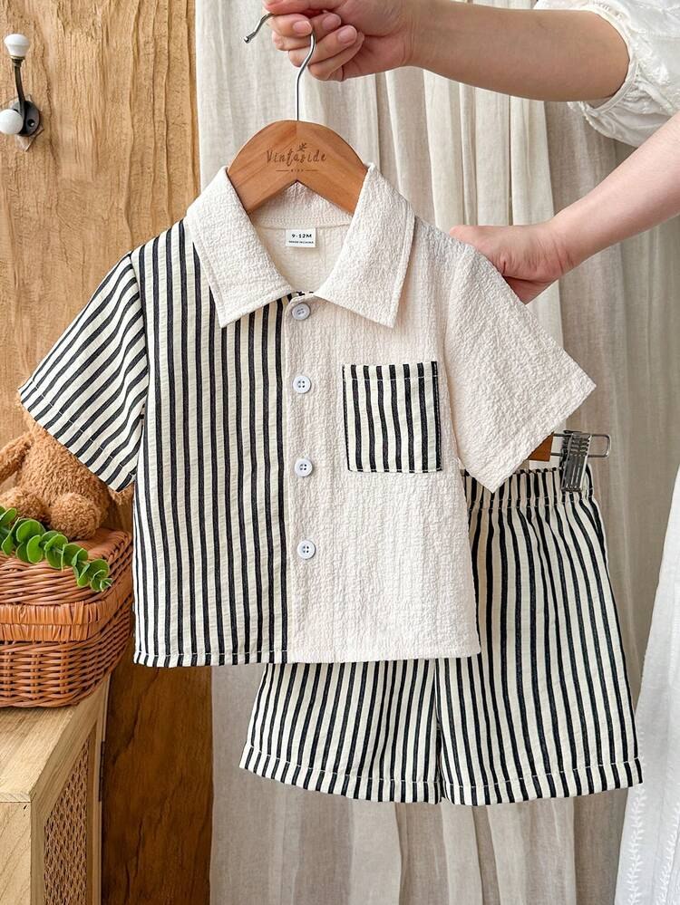 Boys Beige Striped Shirt & Shorts Co-Ord Set | Half Sleeve Summer Outfit
