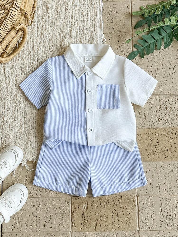 Boys Beige Striped Shirt & Shorts Co-Ord Set | Half Sleeve Summer Outfit
