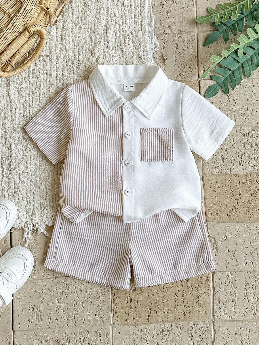 Boys Beige Striped Shirt & Shorts Co-Ord Set | Half Sleeve Summer Outfit