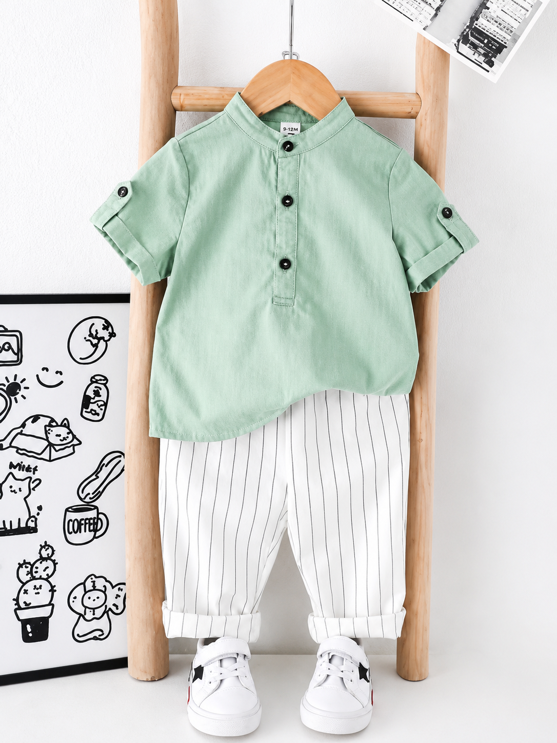 Boys Pista Kurta Shirt & White Striped Pants Co-Ord Set | Ethnic Casual Outfit