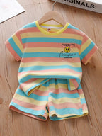 Boys Pastel Rainbow Striped Cotton Co-Ord Set with Smiley Print | Half Sleeve T-Shirt & Shorts