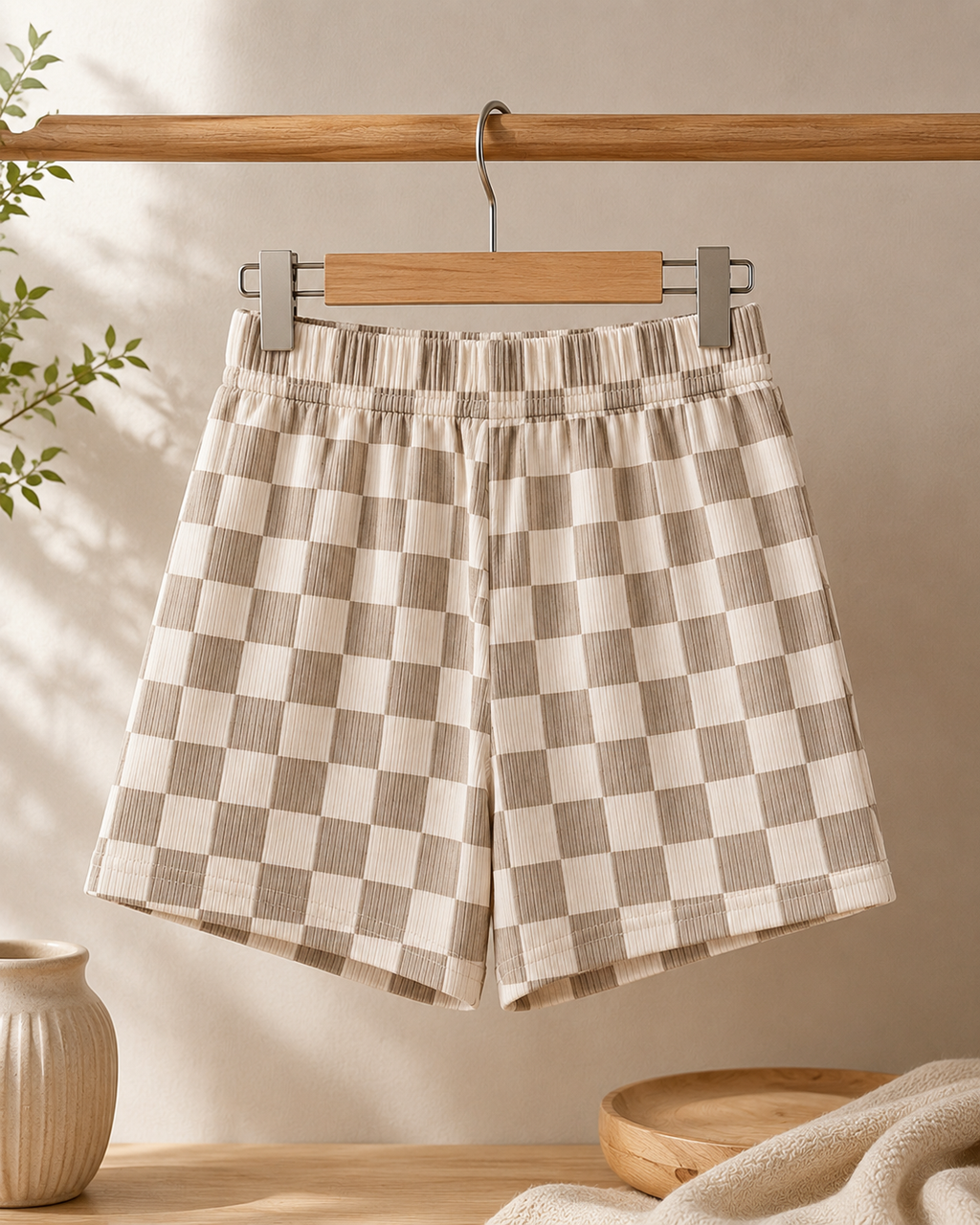 Boys Beige Checkered Cotton Co-Ord Set | Half Sleeve T-Shirt & Elastic Waist Shorts