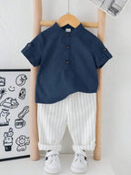 Boys Nevy Blue Kurta Shirt & White Striped Pants Co-Ord Set | Ethnic Casual Outfit