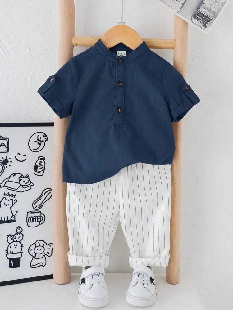 Boys Nevy Blue Kurta Shirt & White Striped Pants Co-Ord Set | Ethnic Casual Outfit