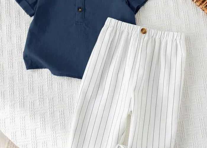 Boys Nevy Blue Kurta Shirt & White Striped Pants Co-Ord Set | Ethnic Casual Outfit