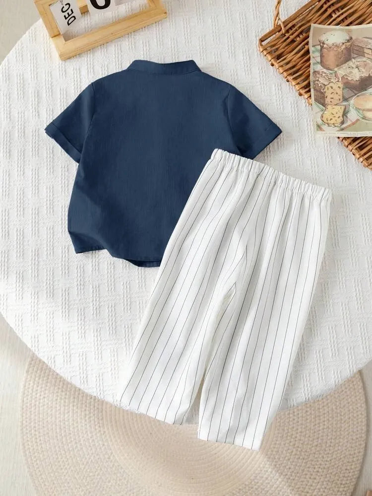 Boys Nevy Blue Kurta Shirt & White Striped Pants Co-Ord Set | Ethnic Casual Outfit