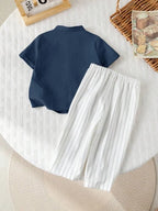 Boys Nevy Blue Kurta Shirt & White Striped Pants Co-Ord Set | Ethnic Casual Outfit