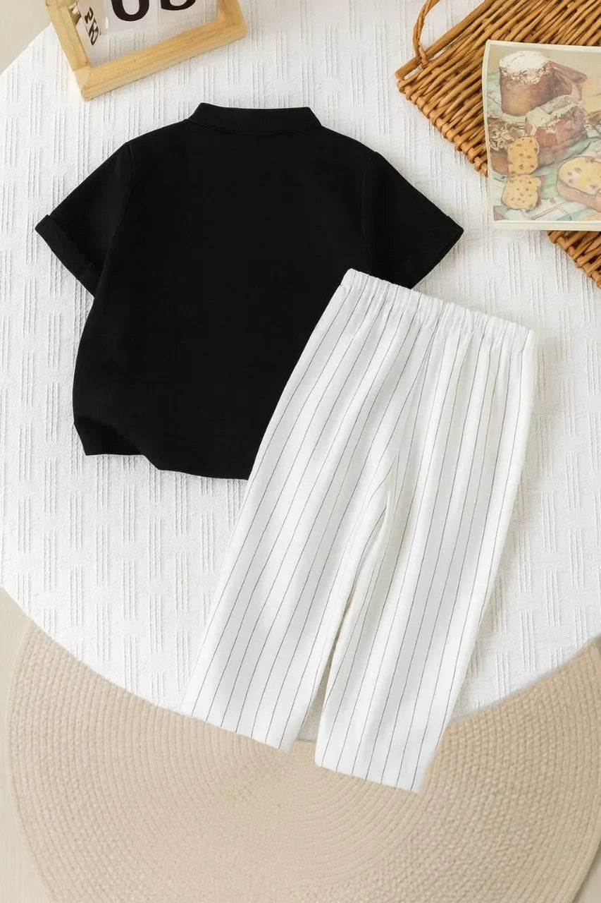 Boys Black Kurta Shirt & White Striped Pants Co-Ord Set | Ethnic Casual Outfit