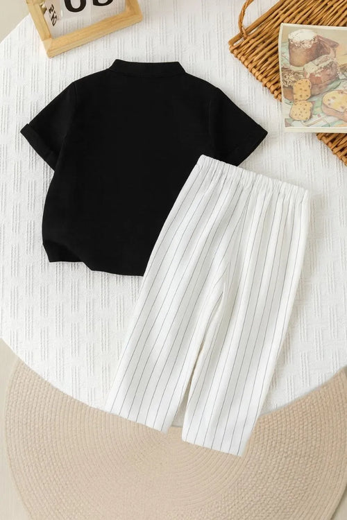 Boys Black Kurta Shirt & White Striped Pants Co-Ord Set | Ethnic Casual Outfit