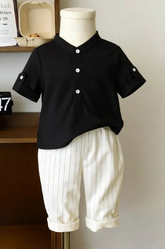 Boys Black Kurta Shirt & White Striped Pants Co-Ord Set | Ethnic Casual Outfit