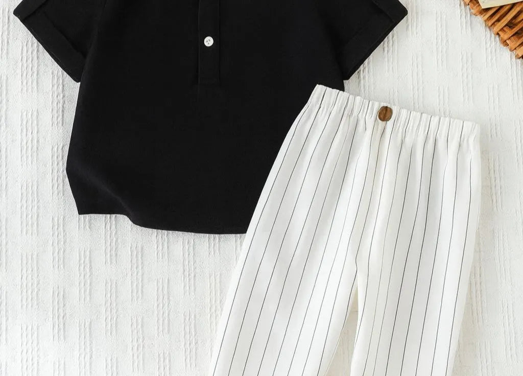 Boys Black Kurta Shirt & White Striped Pants Co-Ord Set | Ethnic Casual Outfit