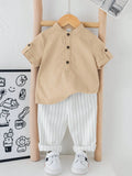 Boys Pista Kurta Shirt & White Striped Pants Co-Ord Set | Ethnic Casual Outfit