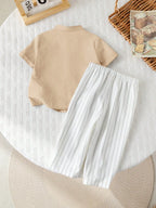 Boys Cream Kurta Shirt & White Striped Pants Co-Ord Set | Ethnic Casual Outfit