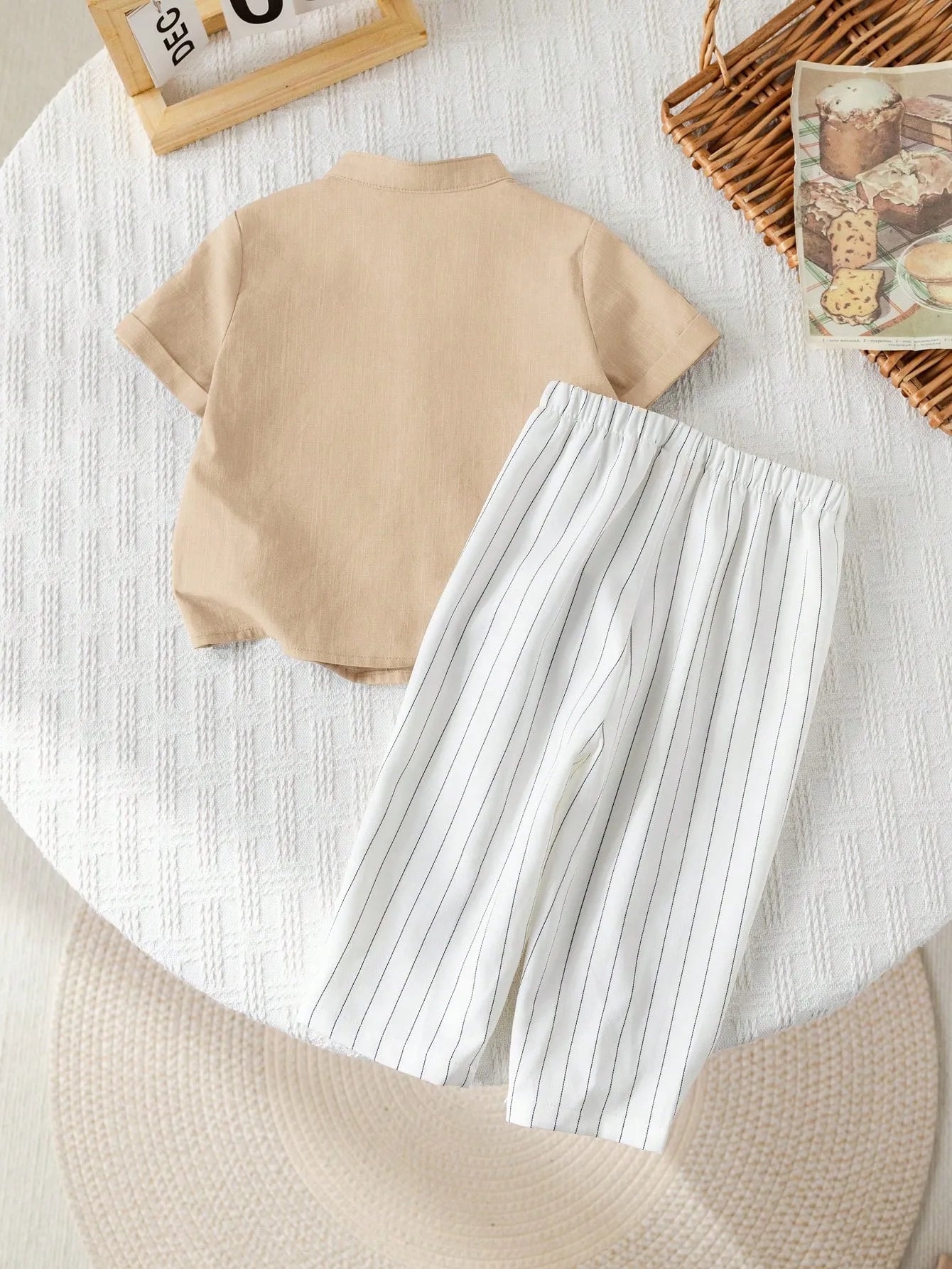 Boys Cream Kurta Shirt & White Striped Pants Co-Ord Set | Ethnic Casual Outfit