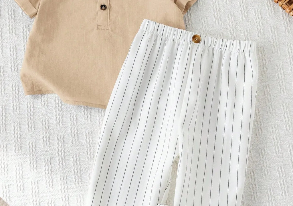 Boys Cream Kurta Shirt & White Striped Pants Co-Ord Set | Ethnic Casual Outfit