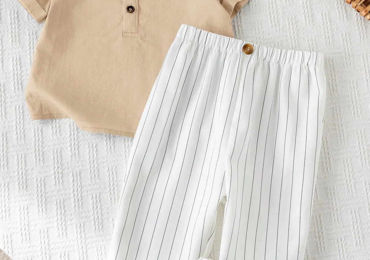 Boys Cream Kurta Shirt & White Striped Pants Co-Ord Set | Ethnic Casual Outfit