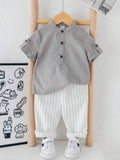 Boys Grey Kurta Shirt & White Striped Pants Co-Ord Set | Ethnic Casual Outfit