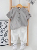 Boys Grey Kurta Shirt & White Striped Pants Co-Ord Set | Ethnic Casual Outfit