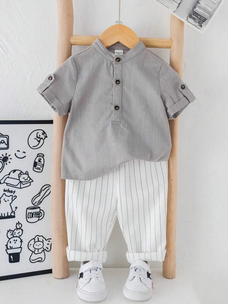Boys Grey Kurta Shirt & White Striped Pants Co-Ord Set | Ethnic Casual Outfit