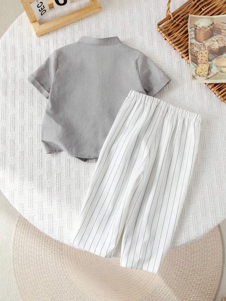 Boys Grey Kurta Shirt & White Striped Pants Co-Ord Set | Ethnic Casual Outfit