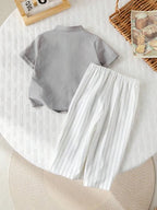 Boys Grey Kurta Shirt & White Striped Pants Co-Ord Set | Ethnic Casual Outfit