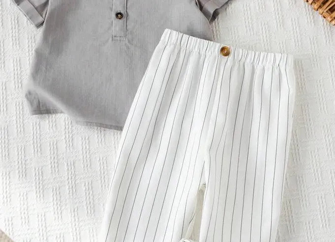 Boys Grey Kurta Shirt & White Striped Pants Co-Ord Set | Ethnic Casual Outfit