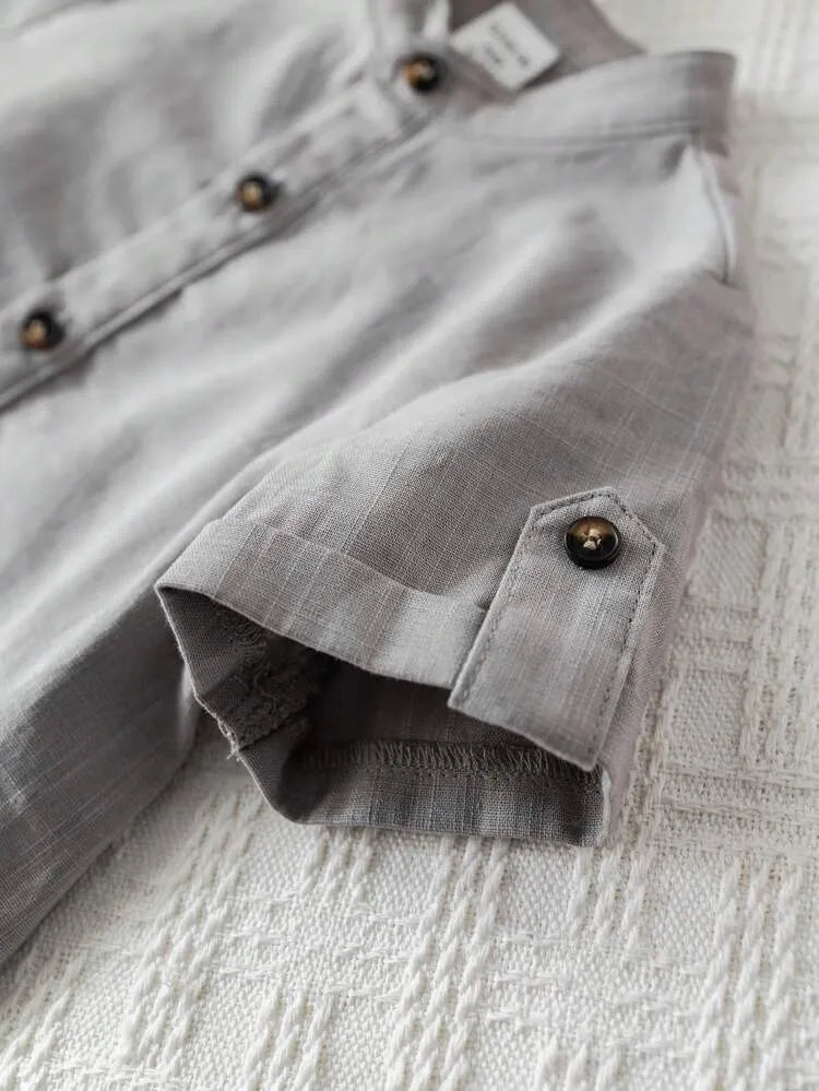 Boys Grey Kurta Shirt & White Striped Pants Co-Ord Set | Ethnic Casual Outfit