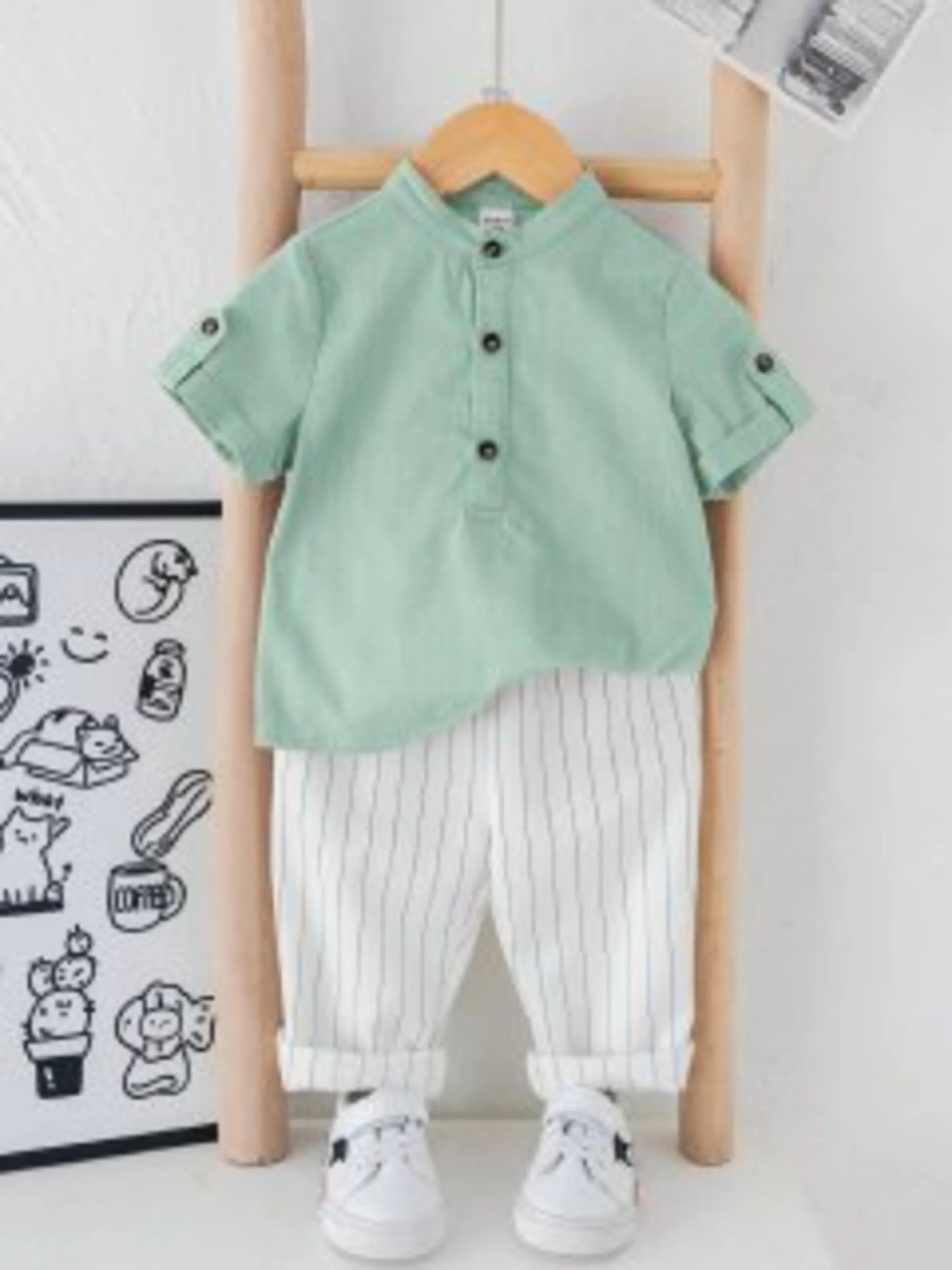 Boys Pista Kurta Shirt & White Striped Pants Co-Ord Set | Ethnic Casual Outfit