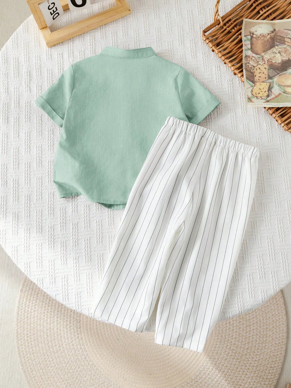 Boys Pista Kurta Shirt & White Striped Pants Co-Ord Set | Ethnic Casual Outfit
