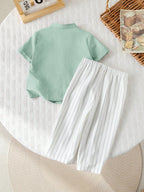Boys Pista Kurta Shirt & White Striped Pants Co-Ord Set | Ethnic Casual Outfit