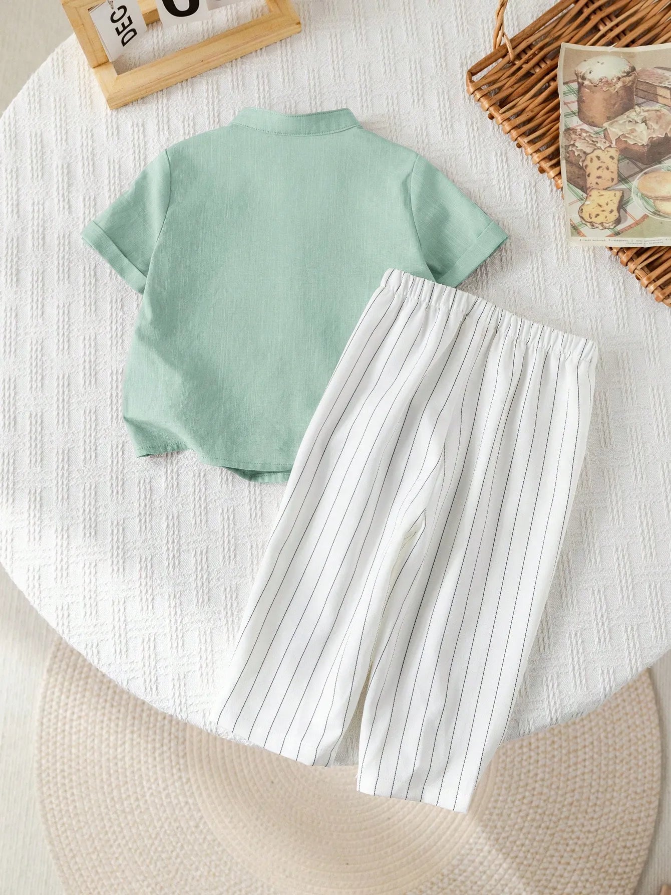 Boys Pista Kurta Shirt & White Striped Pants Co-Ord Set | Ethnic Casual Outfit