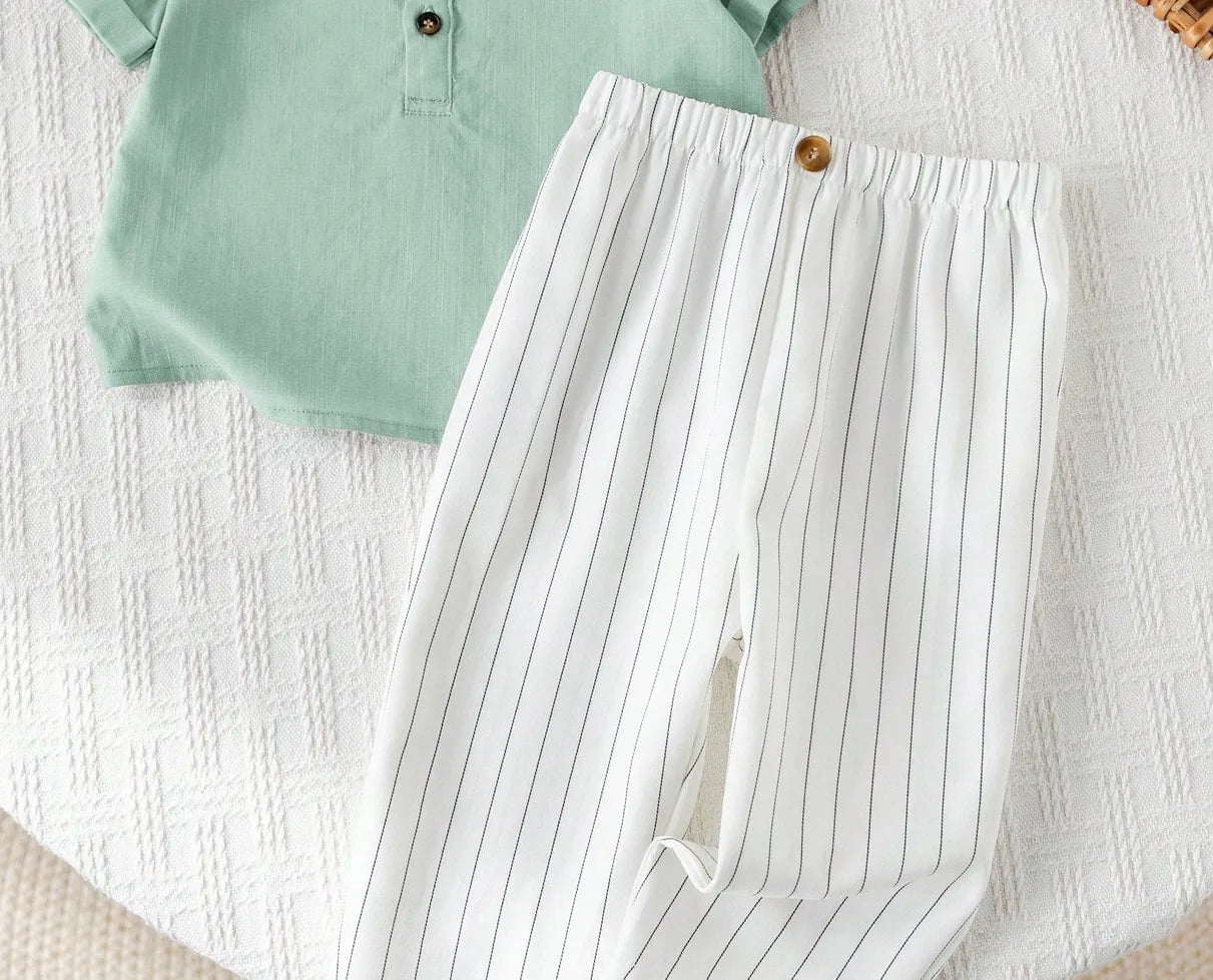 Boys Pista Kurta Shirt & White Striped Pants Co-Ord Set | Ethnic Casual Outfit