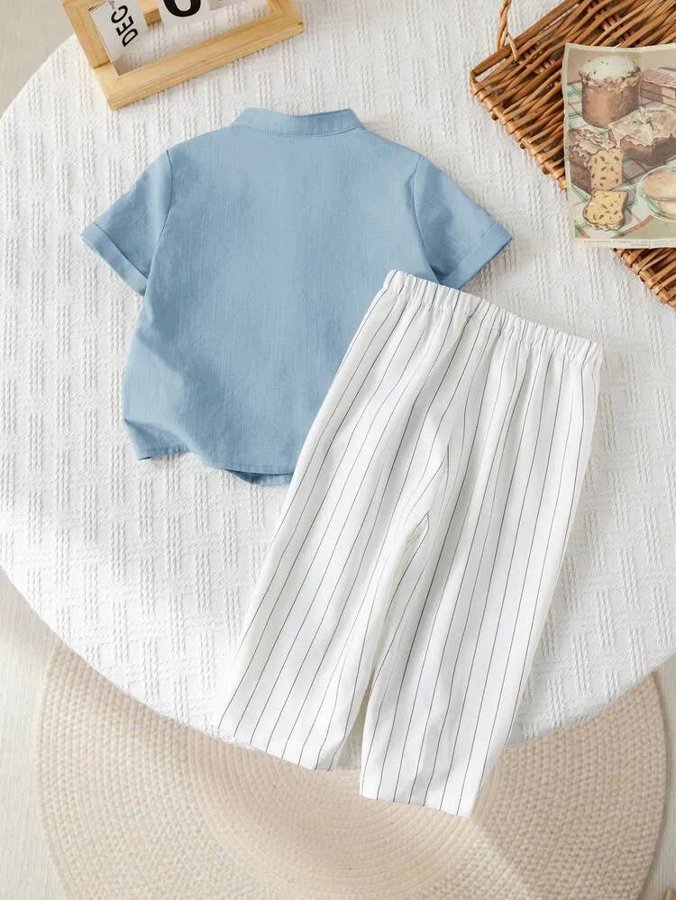 Boys Sky Blue Kurta Shirt & White Striped Pants Co-Ord Set | Ethnic Casual Outfit