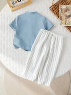 Boys Sky Blue Kurta Shirt & White Striped Pants Co-Ord Set | Ethnic Casual Outfit