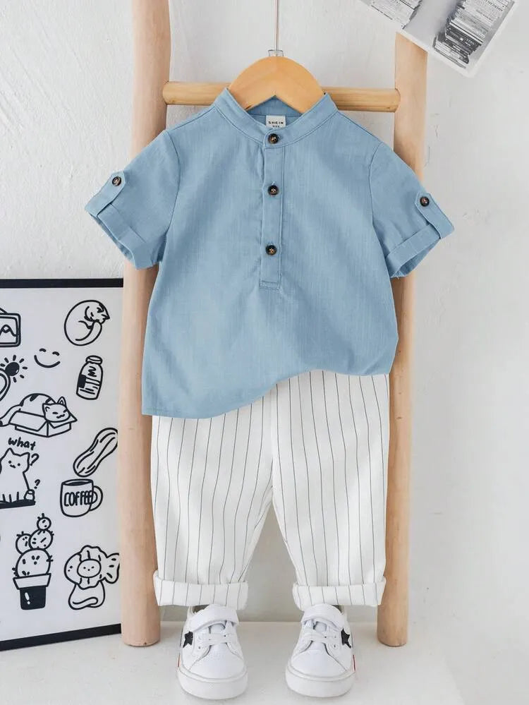Boys Pista Kurta Shirt & White Striped Pants Co-Ord Set | Ethnic Casual Outfit