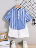 Boys Blue Striped Shirt & White Shorts Co-Ord Set | Smart Casual Outfit for Kids