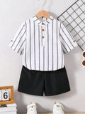 Boys White Striped Shirt & Black Shorts Co-Ord Set | Smart Casual Outfit for Kids