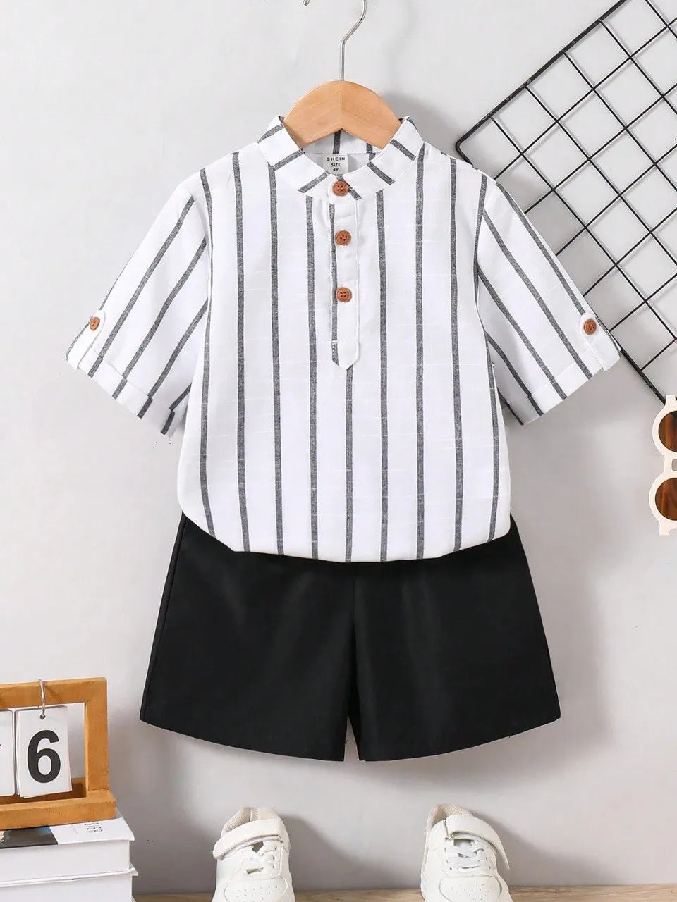 Boys White Striped Shirt & Black Shorts Co-Ord Set | Smart Casual Outfit for Kids