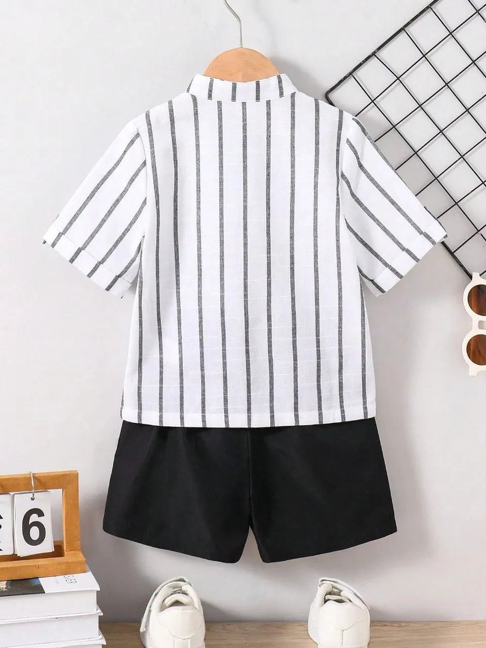 Boys White Striped Shirt & Black Shorts Co-Ord Set | Smart Casual Outfit for Kids