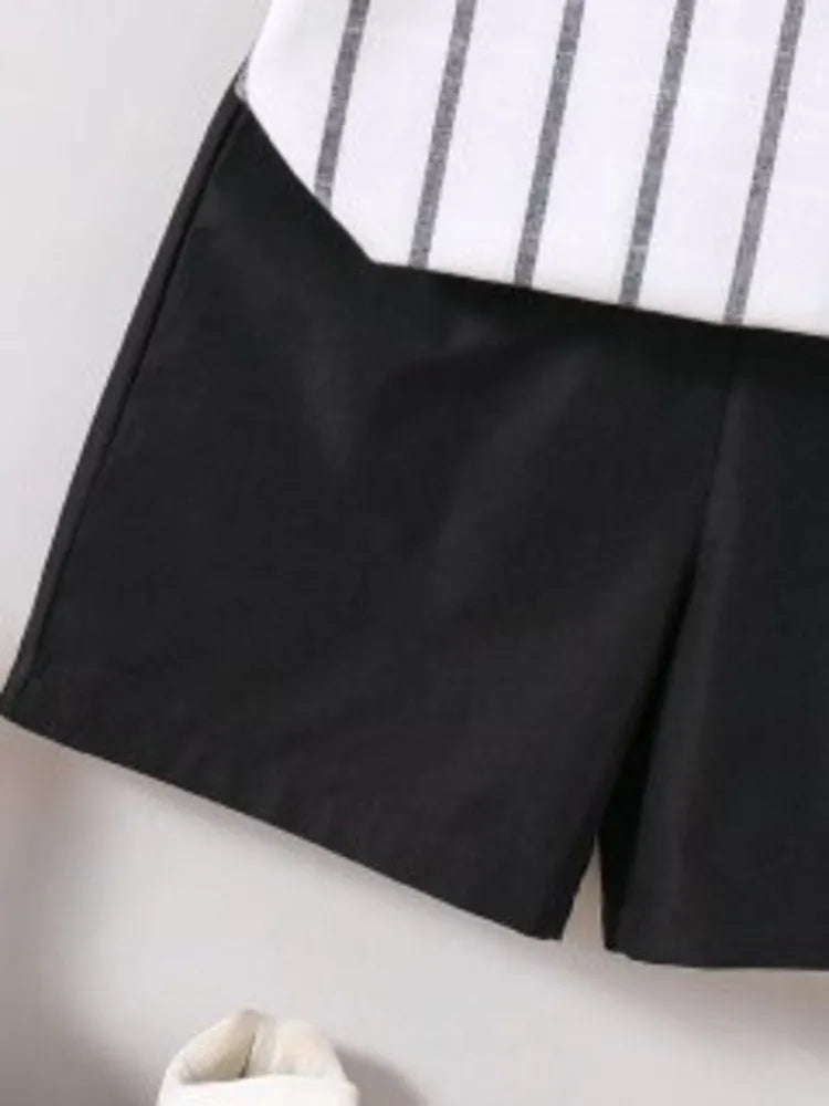 Boys White Striped Shirt & Black Shorts Co-Ord Set | Smart Casual Outfit for Kids