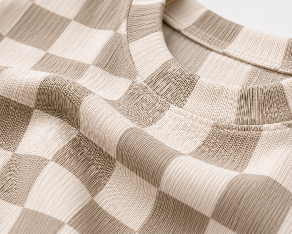 Boys Beige Checkered Cotton Co-Ord Set | Half Sleeve T-Shirt & Elastic Waist Shorts