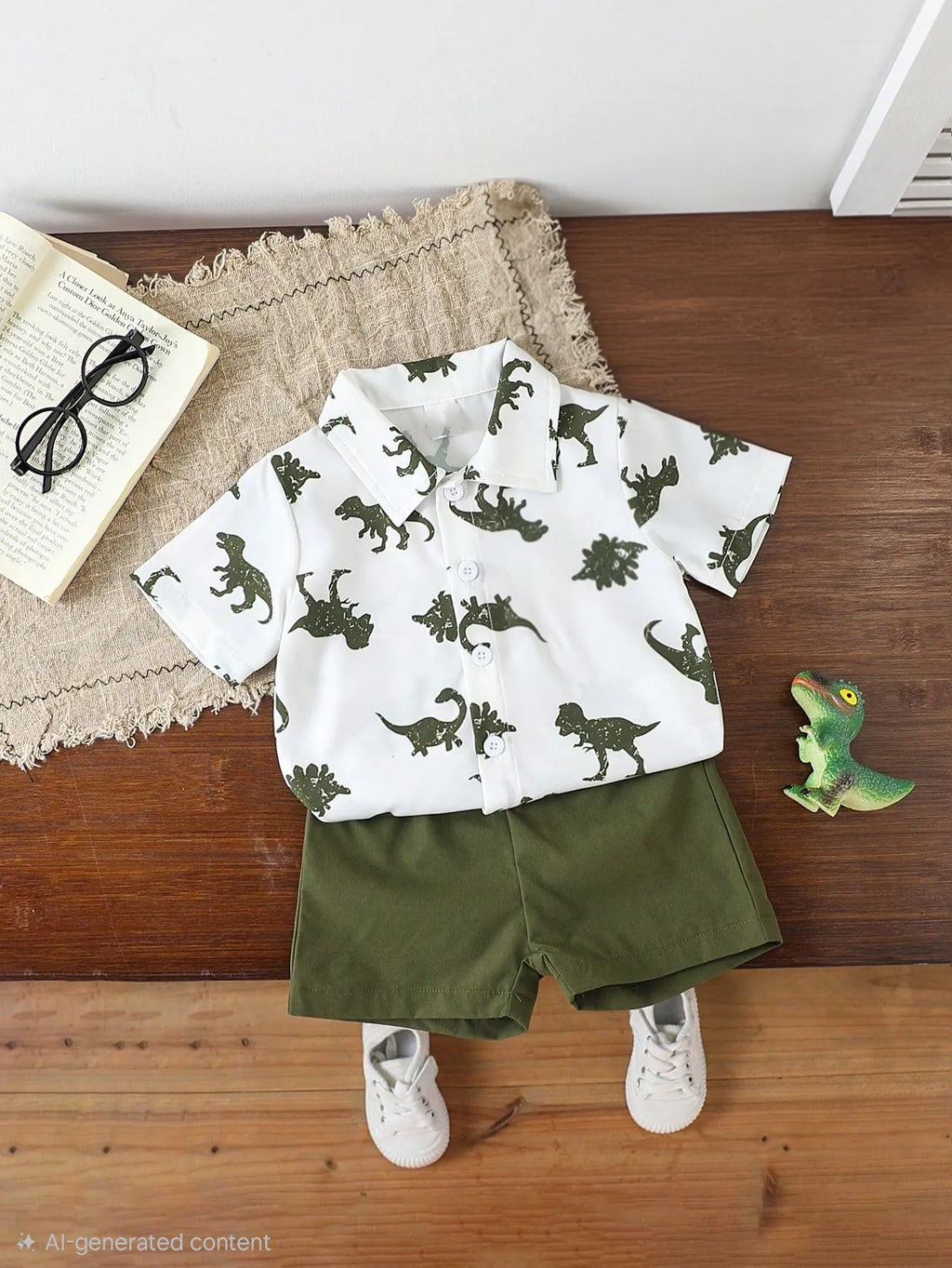 Boys Dinosaur Print Shirt and Shorts Co-Ord Set | White & Olive Green Summer Outfit
