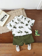 Boys Dinosaur Print Shirt and Shorts Co-Ord Set | White & Olive Green Summer Outfit