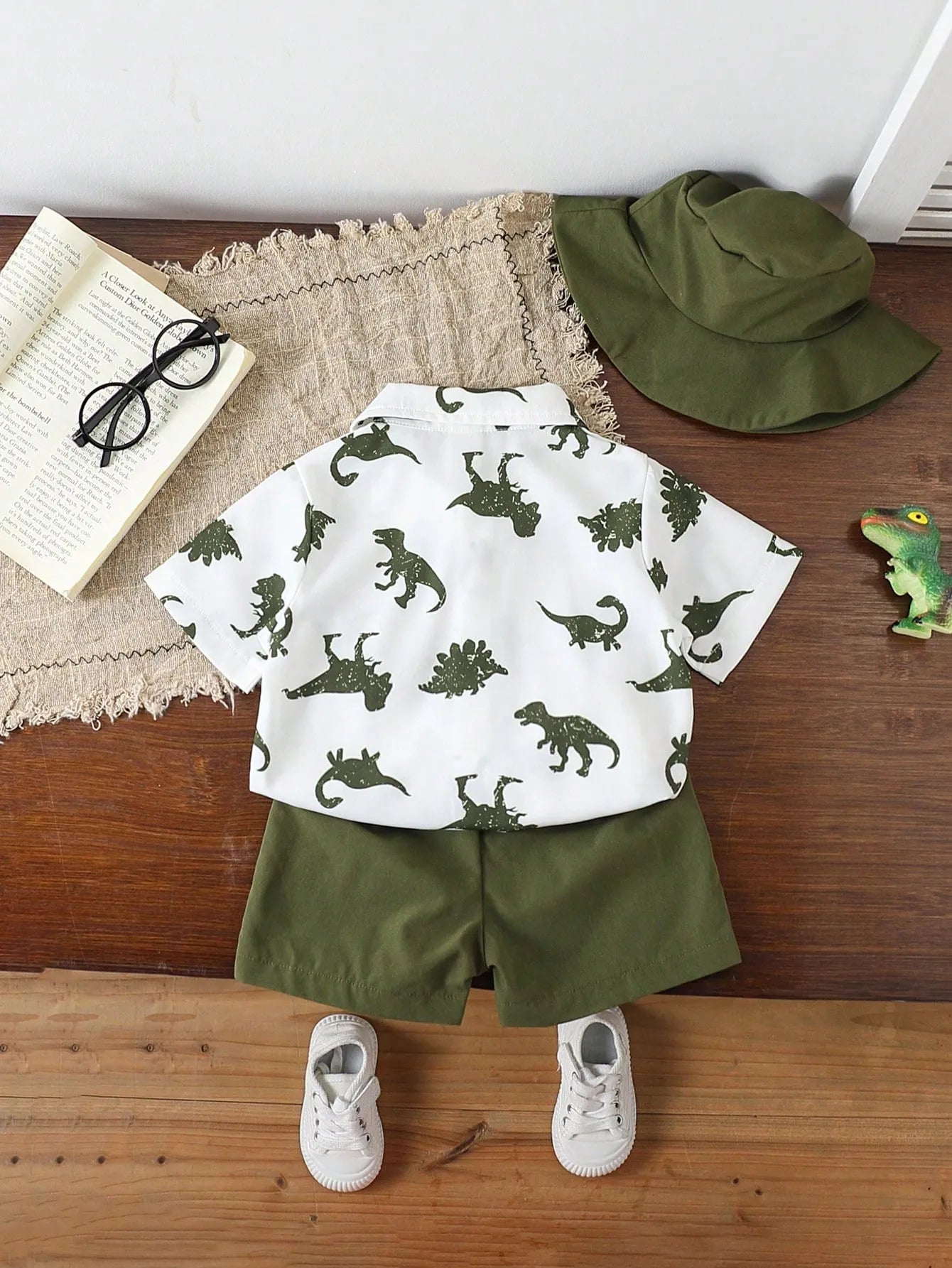Boys Dinosaur Print Shirt and Shorts Co-Ord Set | White & Olive Green Summer Outfit