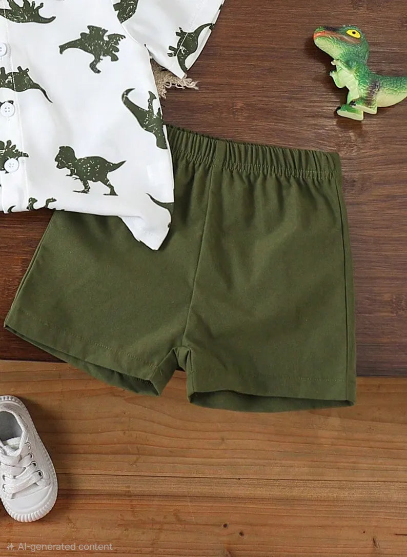 Boys Dinosaur Print Shirt and Shorts Co-Ord Set | White & Olive Green Summer Outfit